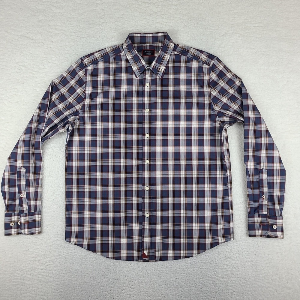 UNTUCKit Dress Shirt Mens Large Blue Red Tan Plaid Wrinkle Free Button Up